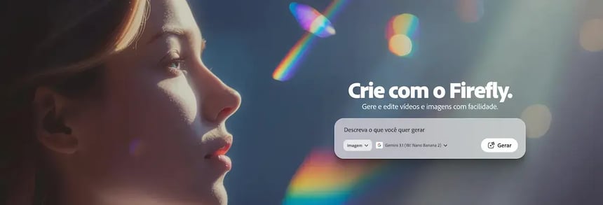 Interface do Adobe Firefly exibindo geração de imagens com Inteligência Artificial a partir de prompts em linguagem natural, destacando criação visual com IA para edição e produção de conteúdo.