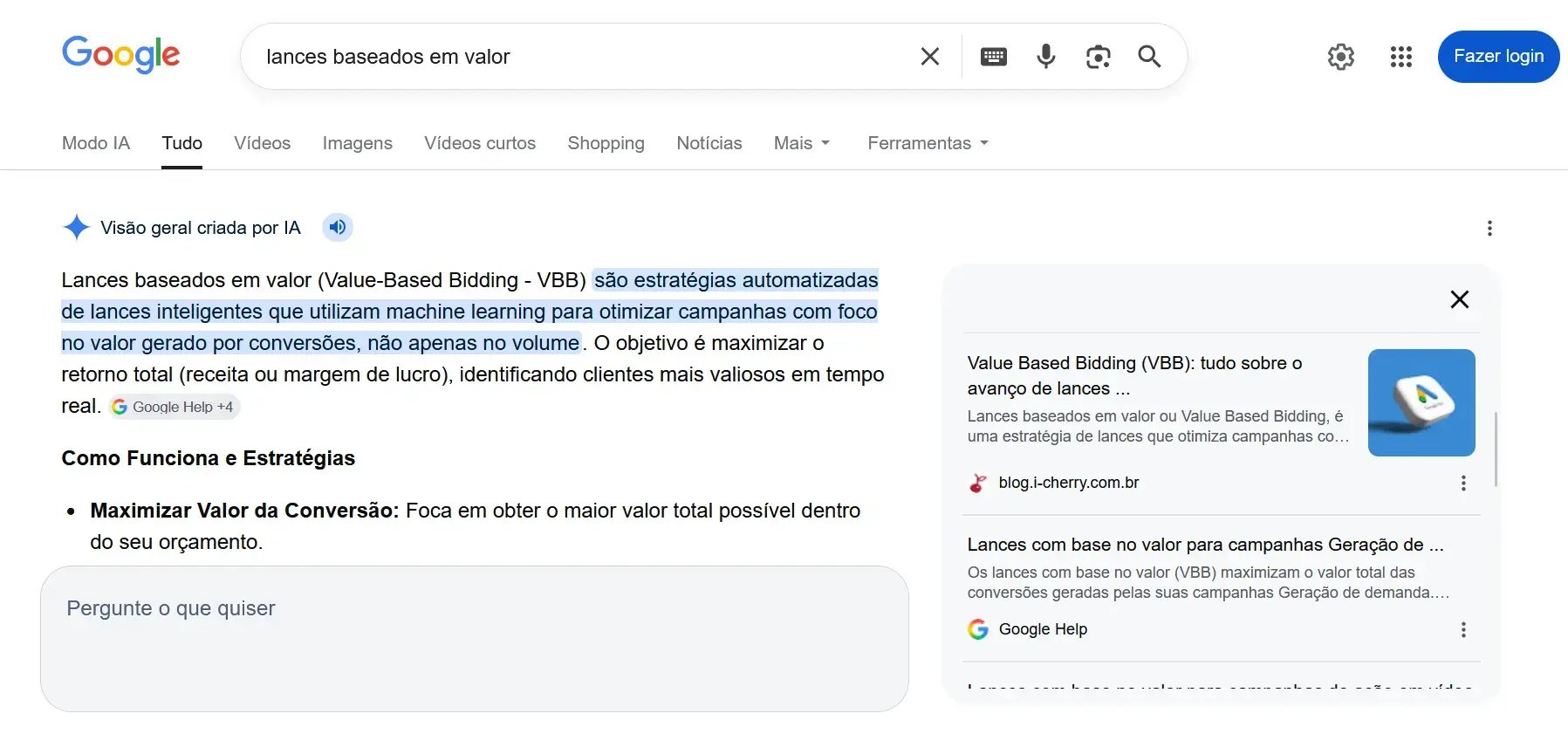 Captura da tela de uma consulta no Google sobre lance baseado em valor onde é possível ver uma menção a um post do blog da i-Cherry (Imagem: Reprodução/Google)