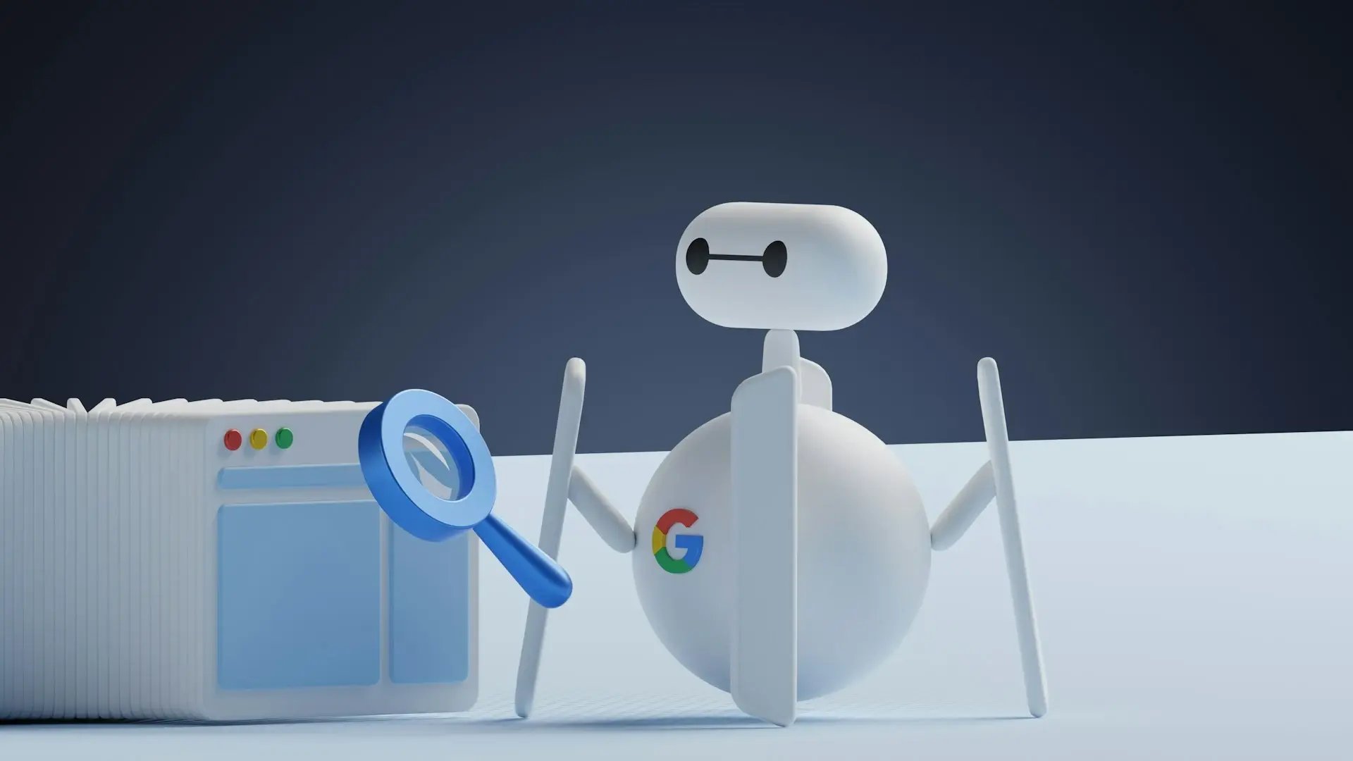 Robô branco com logo Google e lupa azul, inspecionando páginas web. Ilustração 3D de um crawler de busca, otimizando SEO e indexação. (Imagem: Growtika/Unsplash)
