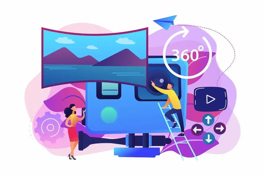 Ilustração de produção de conteúdo em vídeo 360° representando formatos de mídia digital utilizados em campanhas programáticas.