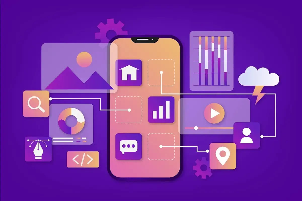  Ilustração de aplicativo mobile conectado a gráficos, dashboards e integrações, representando ferramentas de mensuração de apps, analytics e monitoramento de dados.