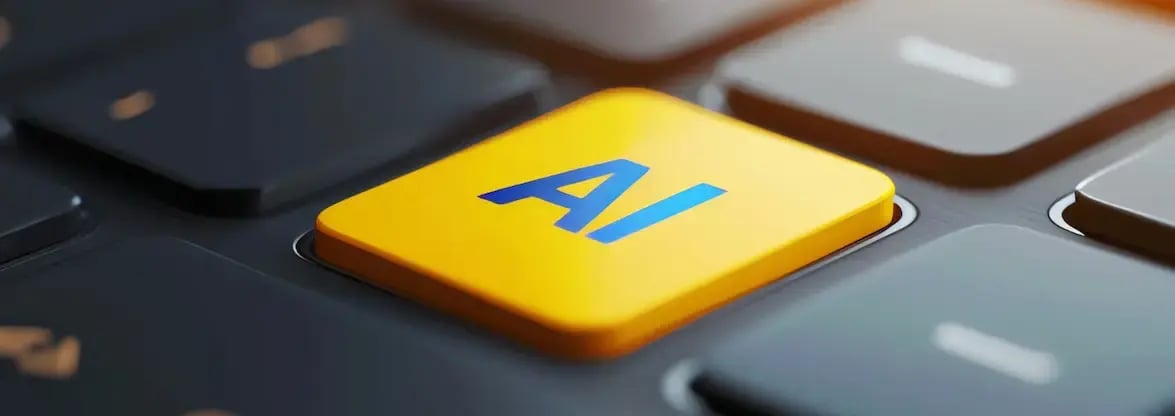 Close em tecla com a sigla “AI” destacada em teclado tecnológico, representando inteligência artificial aplicada à criação e automação no marketing digital.