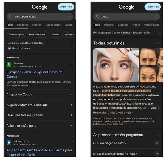Captura de tela de resultados de pesquisa no Google. À esquerda, busca por 'carro para alugar' com anúncios de locadoras e opções relacionadas. À direita, busca por 'botox' mostrando informações sobre toxina botulínica e perguntas frequentes relacionadas ao tema. (Imagem: Captura de tela)
