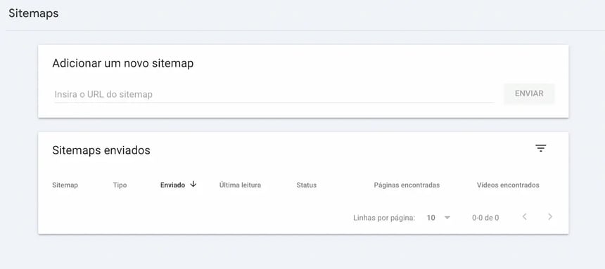 interface do Google Search Console para gerenciamento de sitemaps, exibindo a opção de envio de novos sitemaps e o status de sitemaps previamente submetidos para indexação.