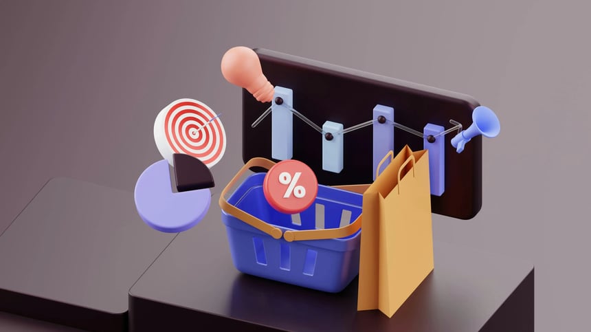 Representação 3D de elementos de marketing digital e e-commerce, incluindo um carrinho de compras, gráfico de barras, símbolo de porcentagem e uma lâmpada acesa.