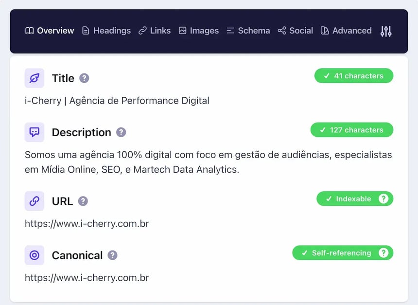 extensão Detailed SEO mostrando a análise de meta tags como Title, Description, URL e Tag Canonical de uma página.