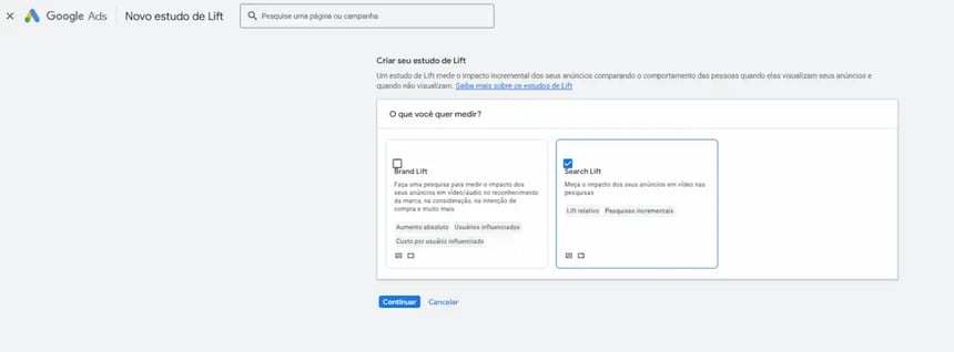 ela da interface do Google Ads exibindo a opção de criação de um novo estudo de Lift, com destaque selecionado para a funcionalidade de Search Lift.