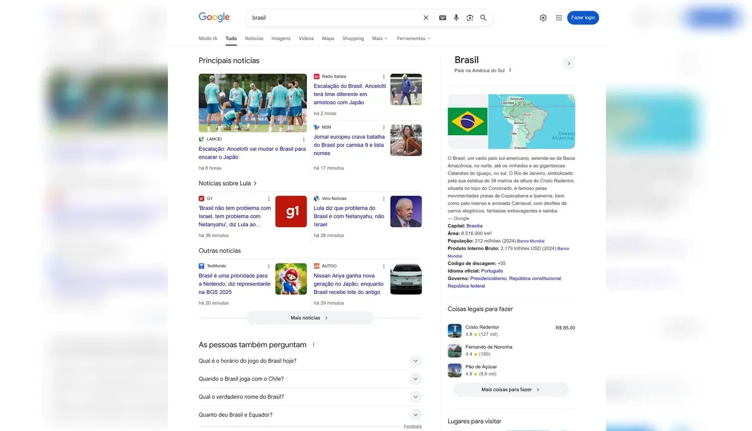 SERP do Google exibindo resultados para a busca "Brasil" (Imagem: Captura de tela/i-Cherry)