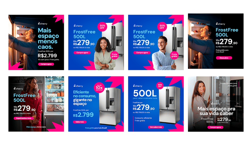 Conjunto de oito peças publicitárias digitaisfictícias promovendo a geladeira FrostFree 500L, semelhante ao conjunto anterior, porém com diferenças importantes: além dos cards com apenas o produto e informações de preço, esta nova imagem inclui fotografias de pessoas interagindo com geladeiras — mulheres e um homem em ambientes de cozinha — adicionando um tom mais lifestyle. Os layouts continuam em azul e rosa, mas variam nas composições e mensagens, como 'Mais espaço menos caos', 'Eficiente no consumo, gigante no espaço' e 'Mais espaço pra sua vida caber'. Os preços e chamadas promocionais permanecem iguais ao conjunto anterior: R$ 2.799,90 ou 10x de R$ 279,90, com oferta de frete grátis e até 50% OFF.