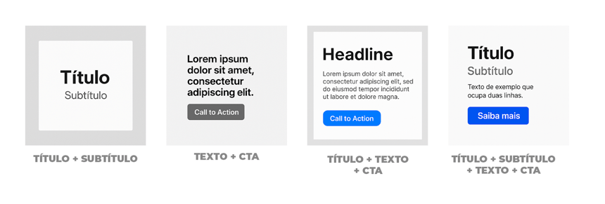 Quatro variações de cards com CTA: (1) texto + botão “Call to Action”; (2) título, subtítulo, texto + botão “Saiba mais”; (3) headline + texto + botão “Call to Action”; (4) título + subtítulo.